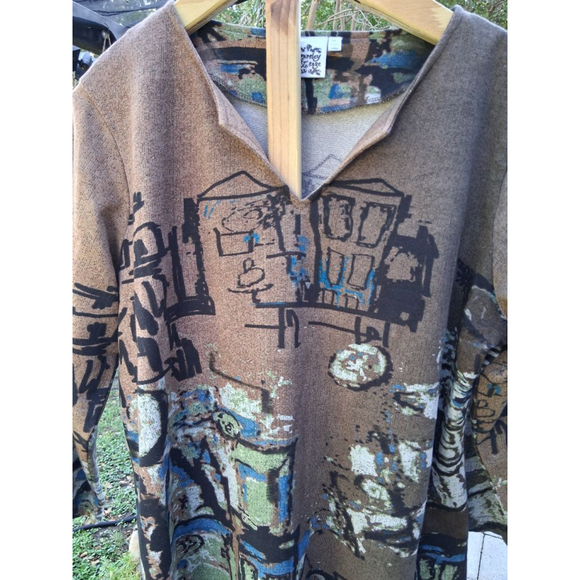 Parsley & Sage Abstract Print Tunic Top XL Brown Black Blue Green EUC - Picture 2 of 10